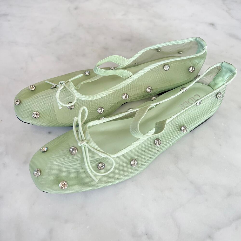 Cider Mint Green Mesh Rhinestone Adorned Mary Jane Ballet Flat Shoes / 7.5 - 8